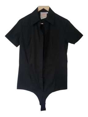 Made In Italy Y2K Black Short-Sleeve Button-Down Bodysuit Shirt